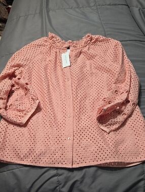 Nwt Size W Banana Republic Pink Eyelet Ruffle-Neck Button Front Blouse